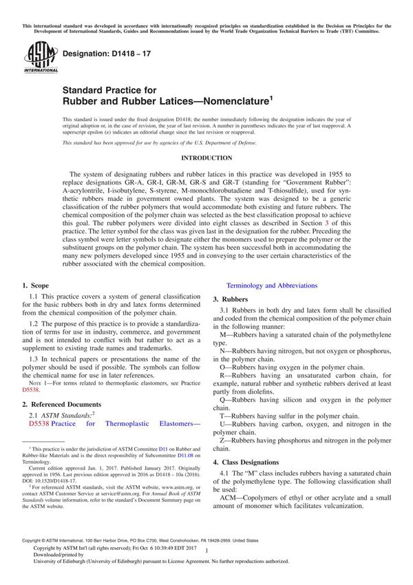 ASTM D1418-17 Standard Practice for Rubber and Rubber LaticesNomenclature