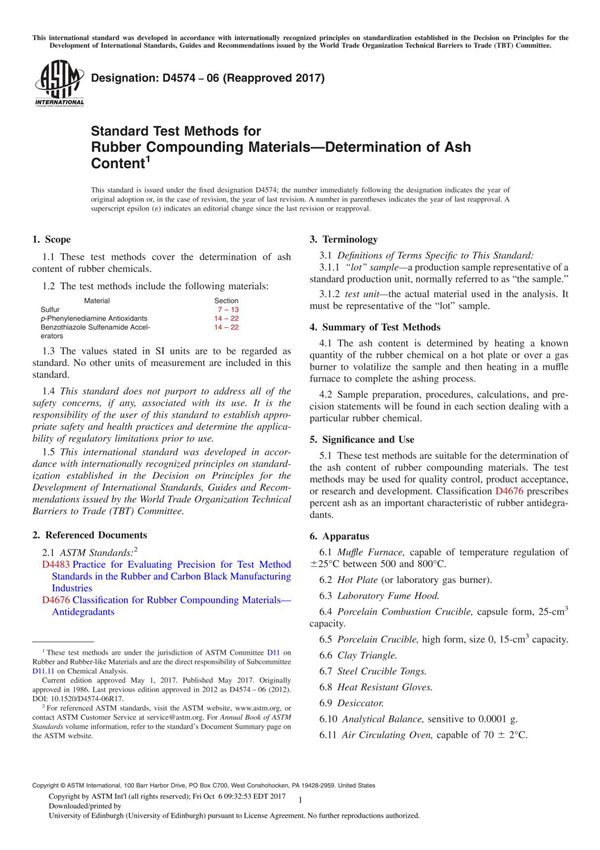 ASTM D4574-06(2017) Standard Test Methods for Rubber Compounding MaterialsDetermination of Ash Content