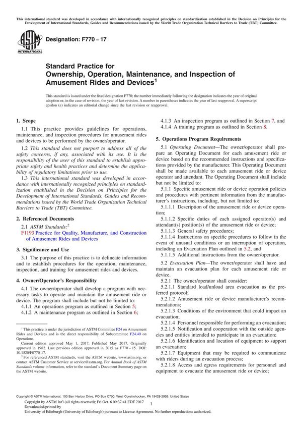 ASTM F770-17 Standard Practice for Ownership, Operation, Maintenance, and Inspection of Amusement Rides and Device