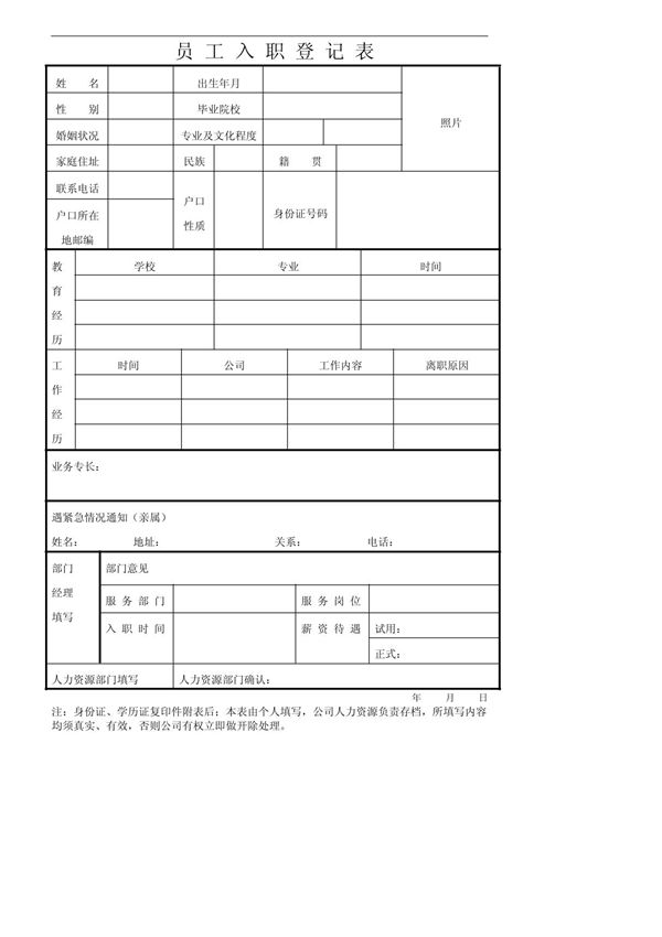 公司员工入职登记表实用版本
