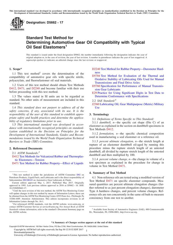 ASTM D5662-17 Standard Test Method for Determining Automotive Gear Oil Compatibility with Typical Oil Seal Elastomer