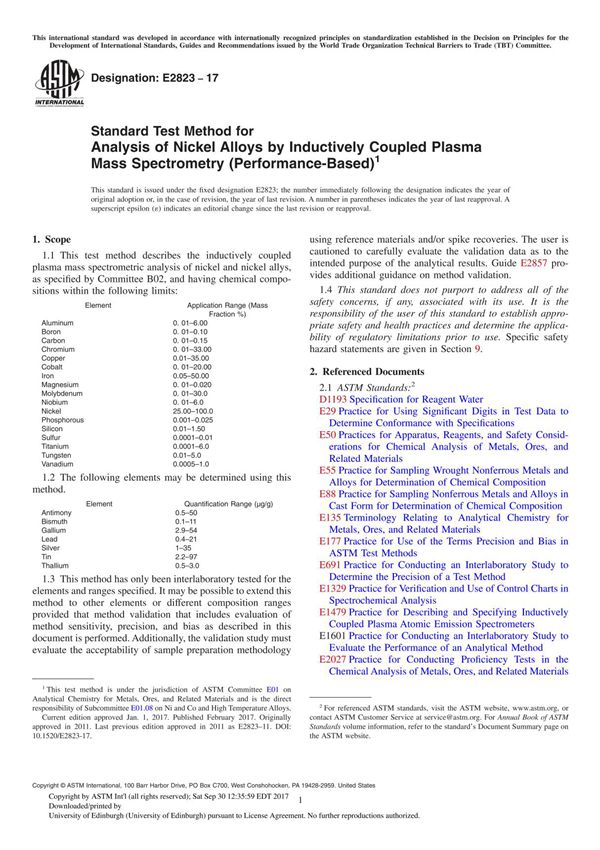 ASTM E2823-17 Standard Test Method for Analysis of Nickel Alloys by Inductively Coupled Plasma Mass Spectrometry (Performance-Ba
