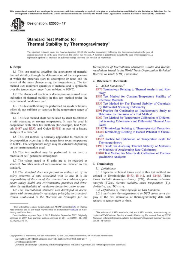 ASTM E2550-17 Standard Test Method for Thermal Stability by Thermogravimetry