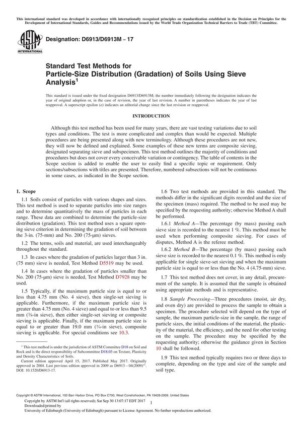 ASTM D6913 D6913M-17 Standard Test Methods for Particle-Size Distribution (Gradation) of Soils Using Sieve Analysi