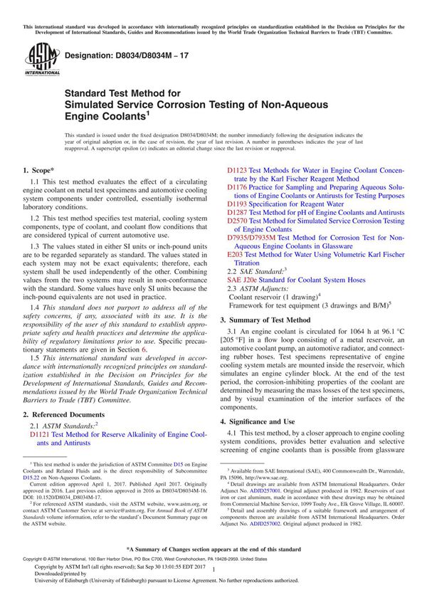 ASTM D8034 8034M-17 Standard Test Method for Simulated Service Corrosion Testing of Non-Aqueous Engine Coolant