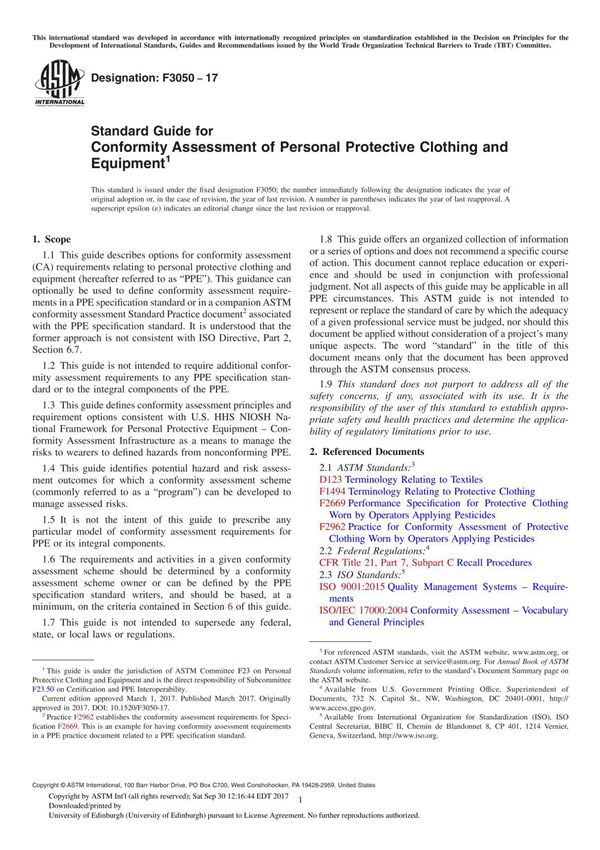 ASTM F3050-17 Standard Guide for Conformity Assessment of Personal Protective Clothing and Equipment