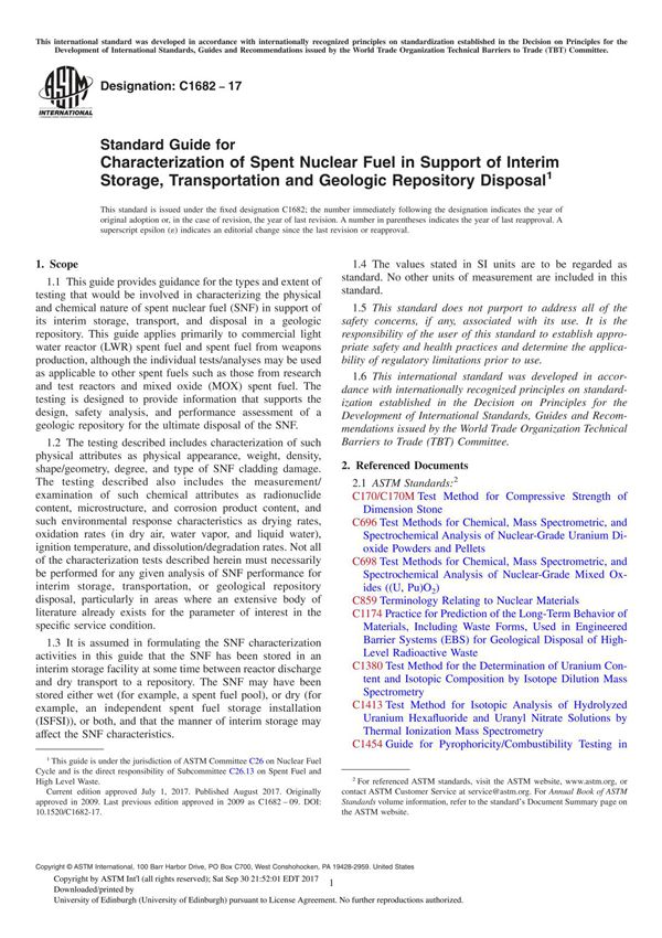 ASTM C1682-17 Standard Guide for Characterization of Spent Nuclear Fuel in Support of Interim Storage, Transportation and Geolog