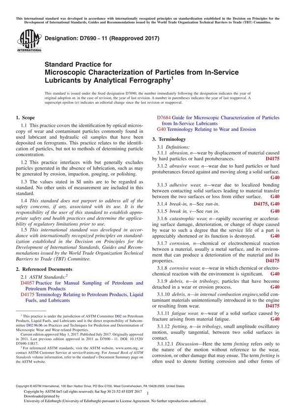 ASTM D7690-11(2017) Standard Practice for Microscopic Characterization of Particles from In-Service Lubricants by Analytical Fer