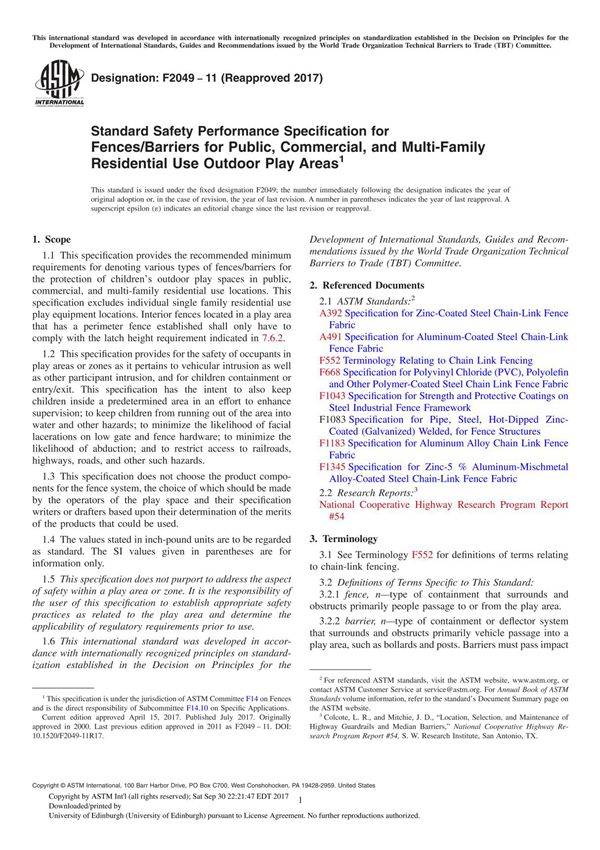 ASTM F2049-11(2017) Standard Safety Performance Specification for FencesBarriers for Public, Commercial, and Multi-Family Reside