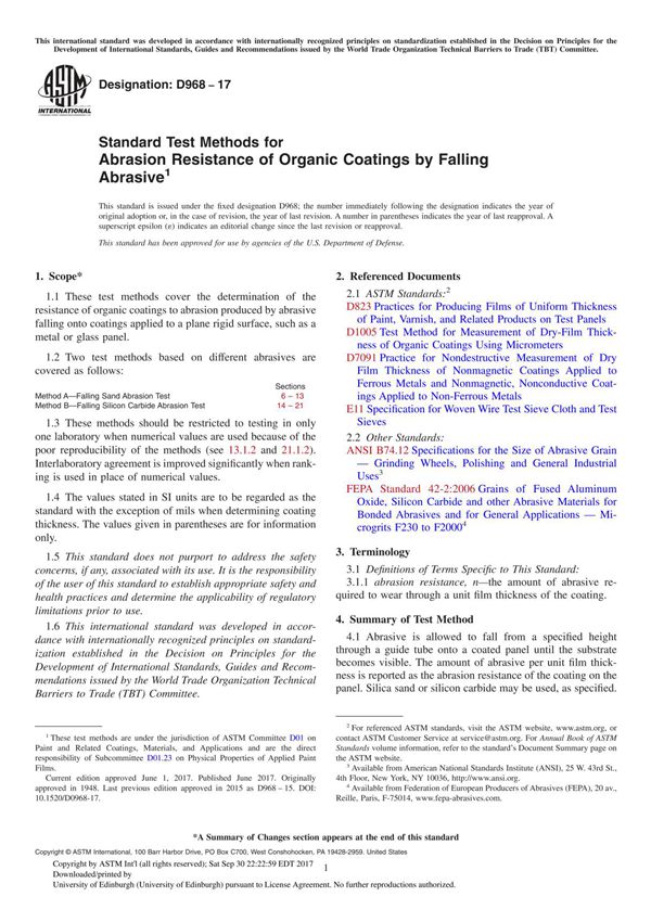 ASTM D968-17 Standard Test Methods for Abrasion Resistance of Organic Coatings by Falling Abrasive