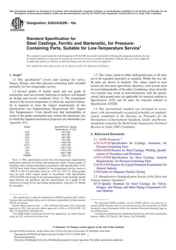 ASTM A352 A352M-2018a 适用于低温服务的含压力部件铁素体和马氏体铸钢件的标准规范