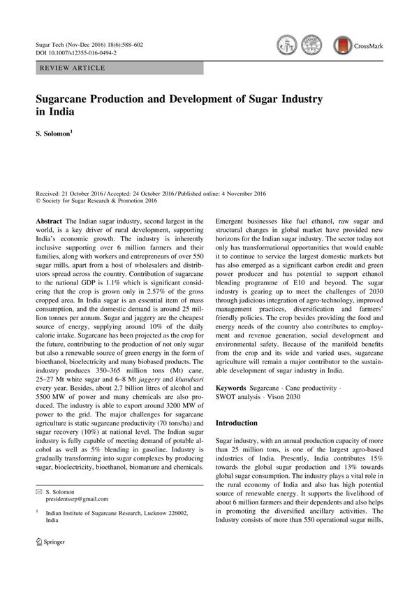 Sugarcane Production and Development of Sugar Industry in India