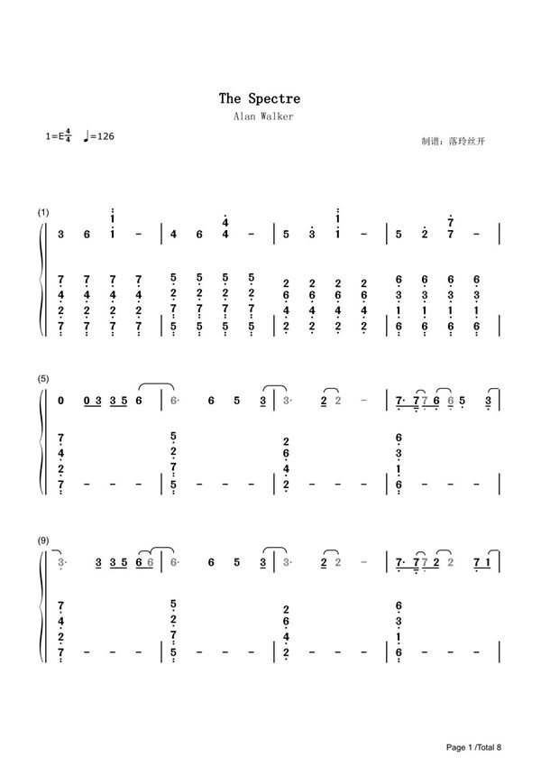 The Spectre简谱钢琴谱 简谱双手数字完整版原版