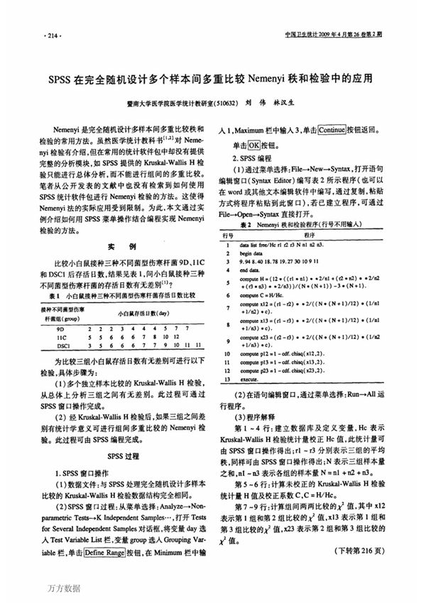 SPSS在完全随机设计多个样本间多重比较Nemenyi秩和检验中的应用