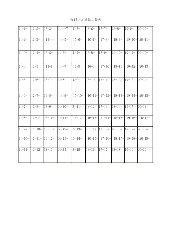20以内加减法口诀表