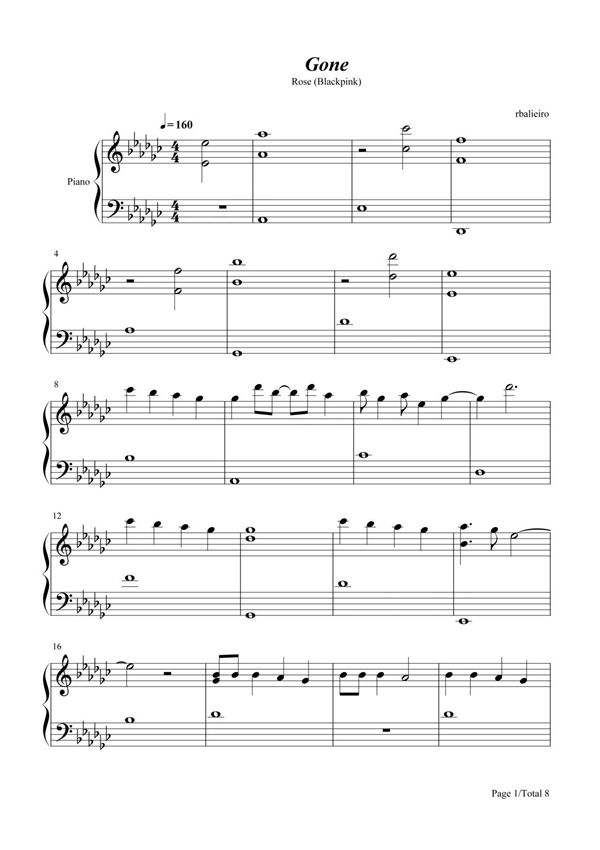 钢琴谱 Gone-Rosé-Blackpink 五线谱 共8张(全)