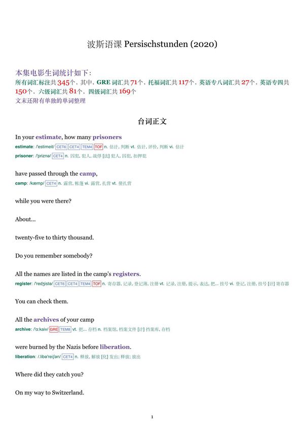 波斯语课 Persischstunden (2020) 剧本台词 纯英文单词版