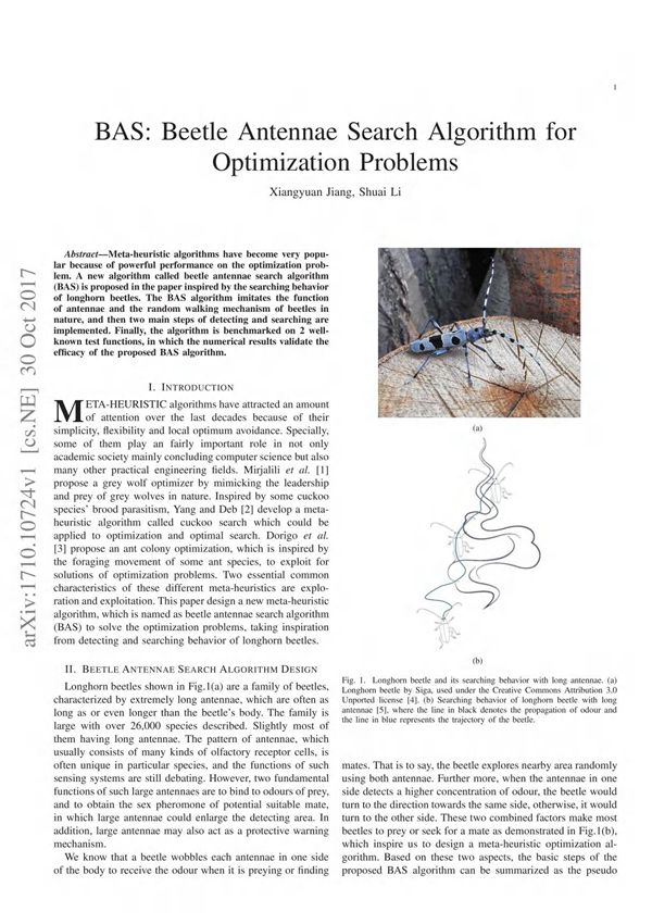 BAS Beetle Antennae Search Algorithm for Optimization Problems