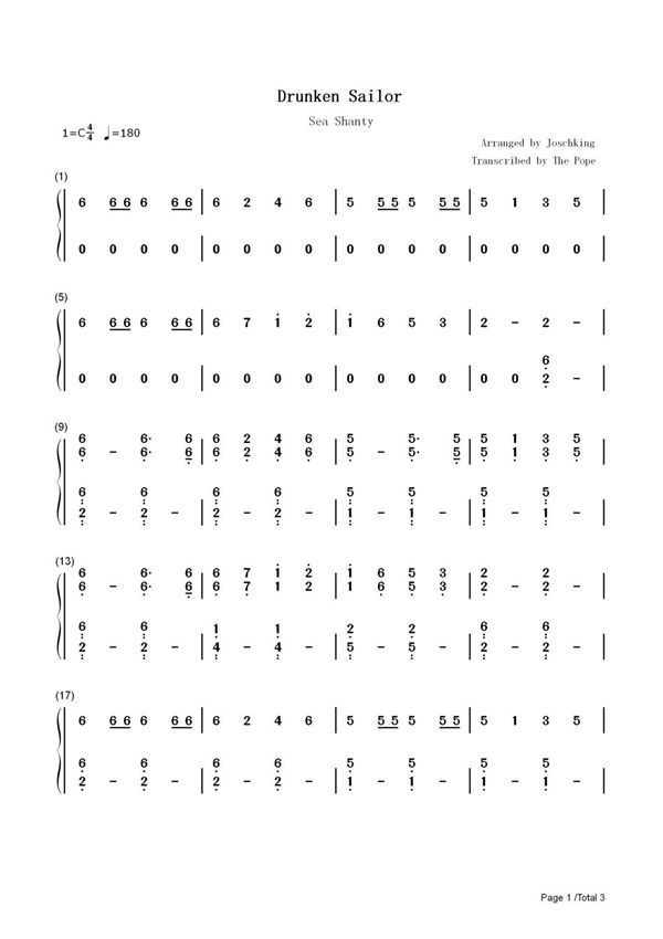 钢琴谱 Drunken Sailor-好听的船歌 双手简谱 共3张(全)