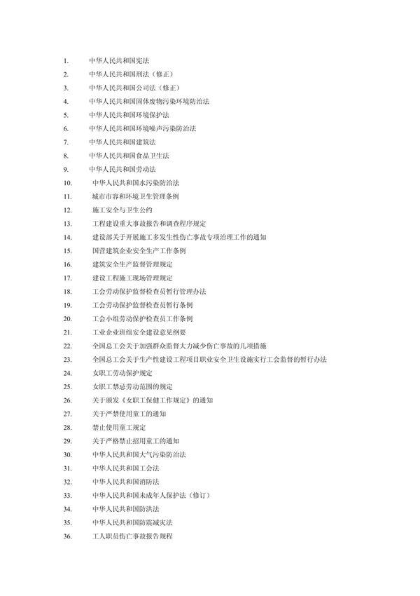 职业健康安全法律法规清单