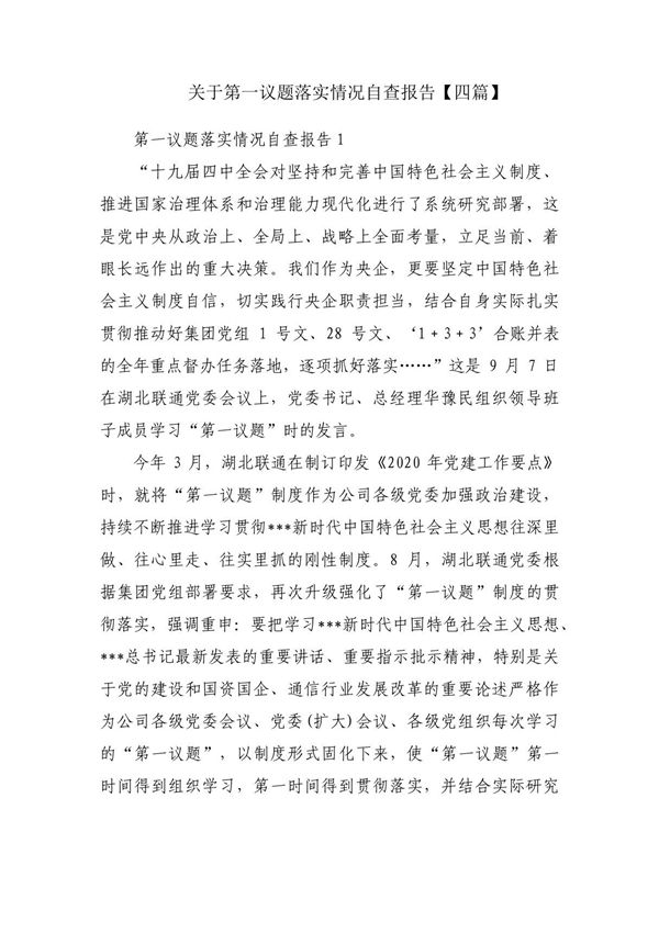 关于第一议题落实情况自查报告(四篇)