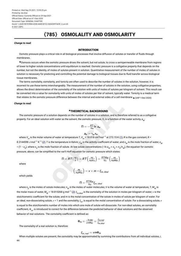 USP43-NF38 GENERAL CHAPITER 785 Osmolality and Osmolarity