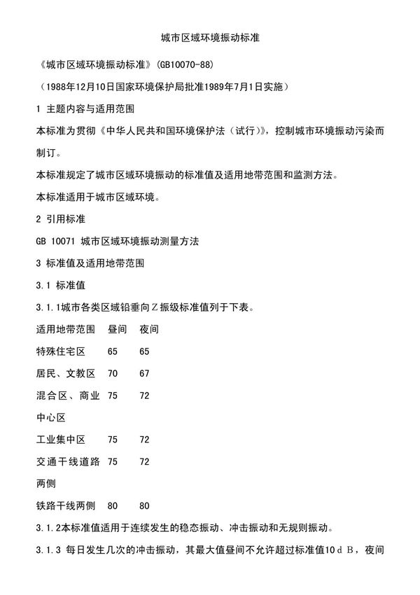 城市区域环境震动标准
