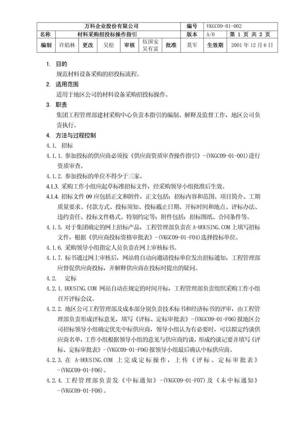 万科企业股份有限公司材料采购招投标操作指引