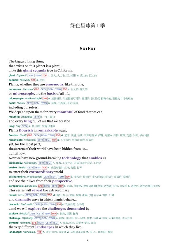 BBC纪录片 绿色星球第1季 解说词 纯英文单词版