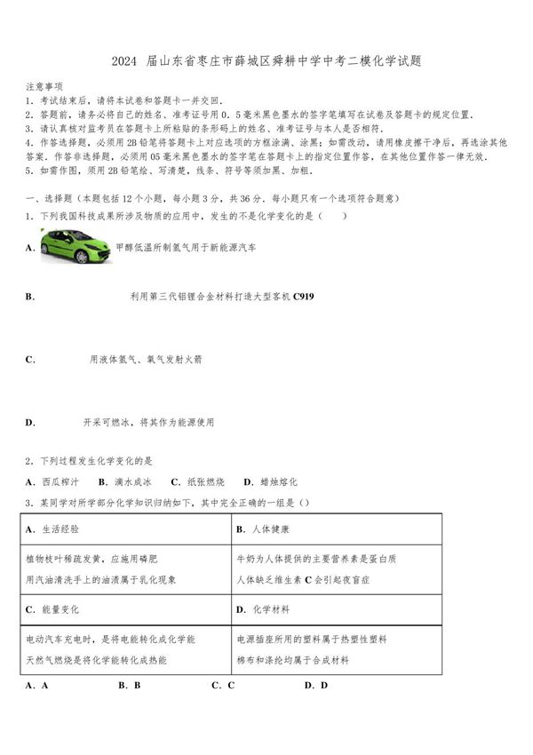 2024届山东省枣庄市薛城区舜耕中学中考二模化学试题含解析