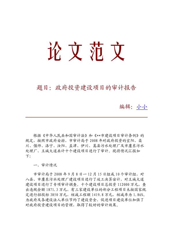 (精品论文)政府投资建设项目的审计报告