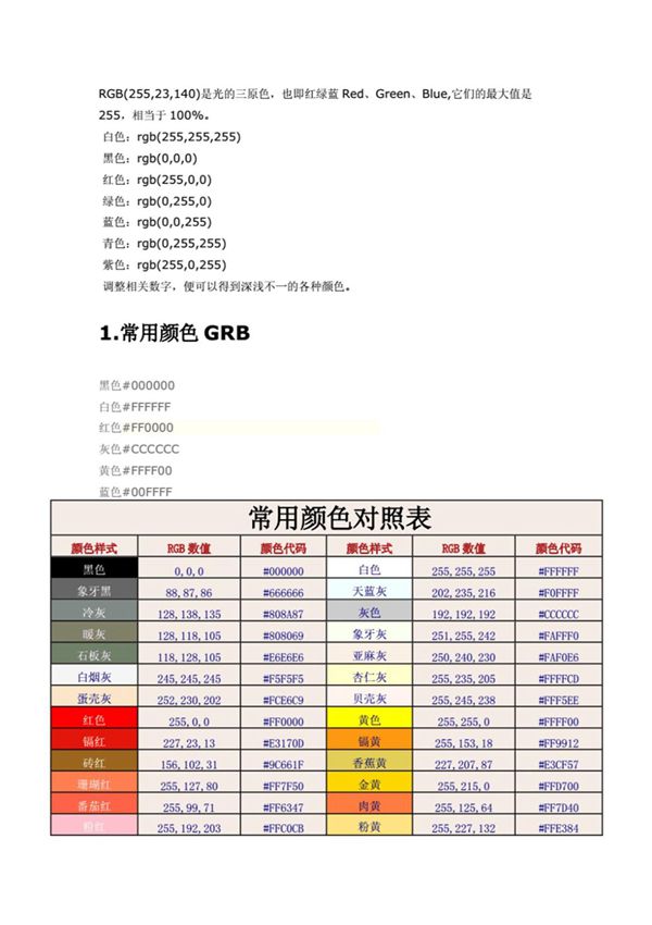RGB颜色值对照表所有颜色大全