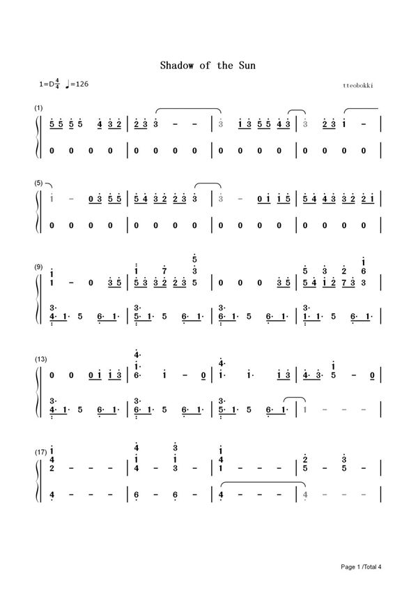 钢琴谱 Shadow of the Sun-Max Elto 双手简谱 共4张(全)
