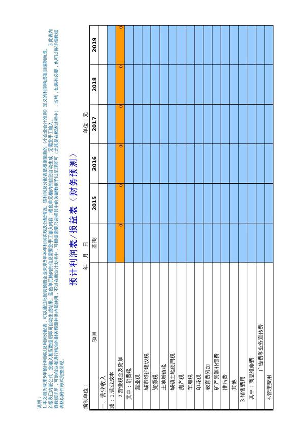 预计利润表(损益表)(标准模板)