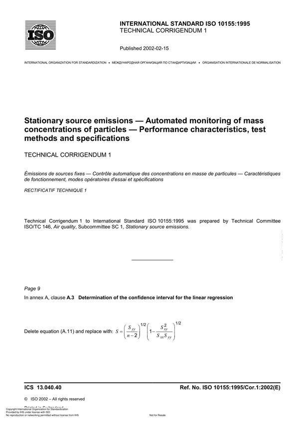 ISO 10155 1995 TECHNICAL CORRIGENDUM 1 Stationary source emissions Automated monitoring of mass concentrations of particles