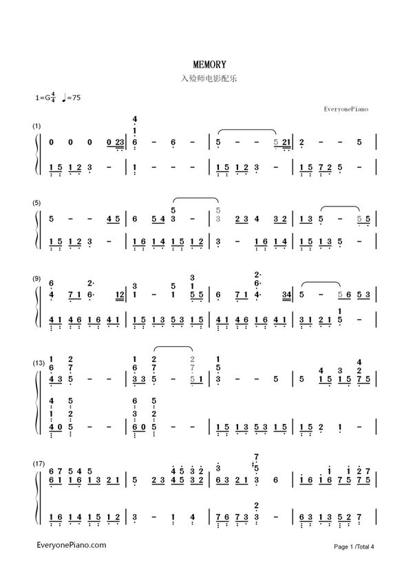 钢琴谱 MEMORY-记忆 双手简谱 共4张(全)