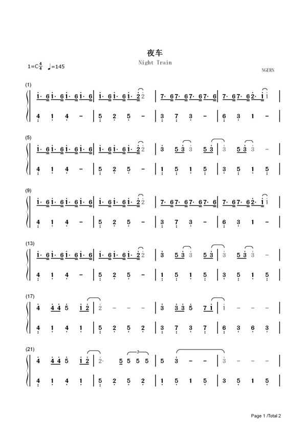 钢琴谱 夜车-C调简单版-恋爱通告片尾曲 双手简谱 共2张(全)