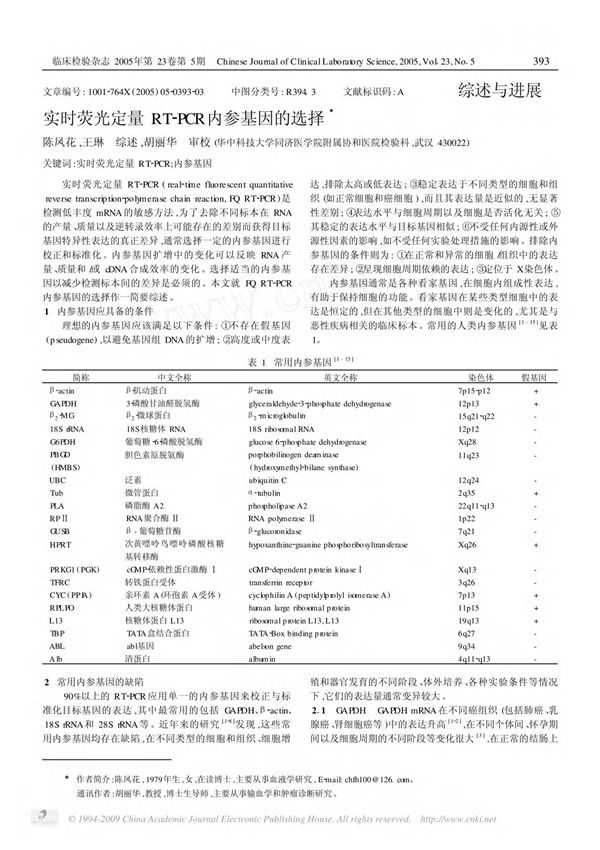 实时荧光定量RT PCR内参基因的选择