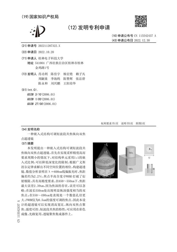 一种嵌入式结构可调短波段共焦纵向双焦点超透镜