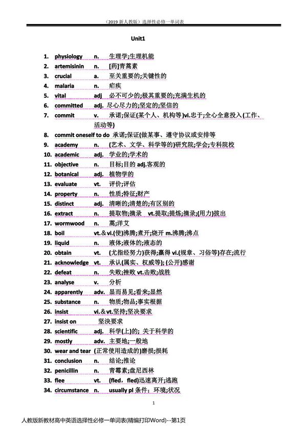 人教版新教材高中英语选择性必修一单词表(精编打印Word)