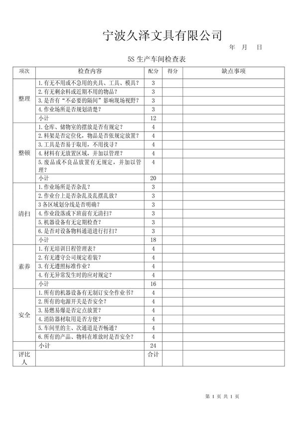5S生产车间检查表
