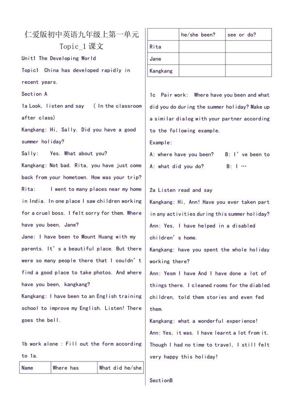 仁爱版初中英语九年级上第一单元Topic 1课文