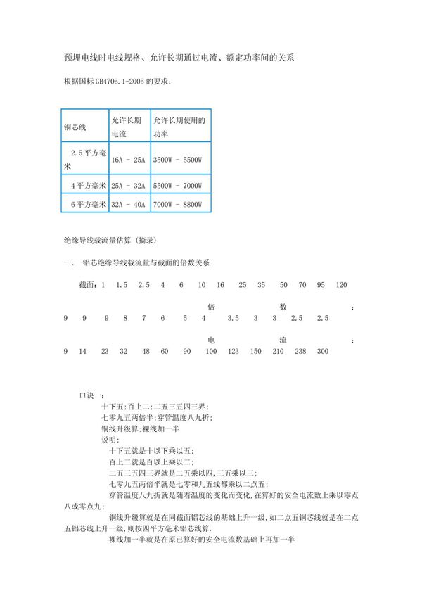 电流与电线截面积的关系