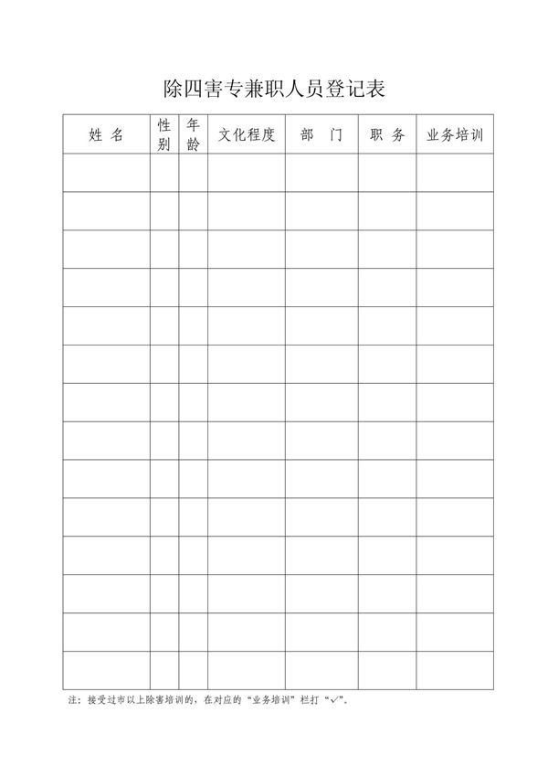除四害专兼职人员登记表