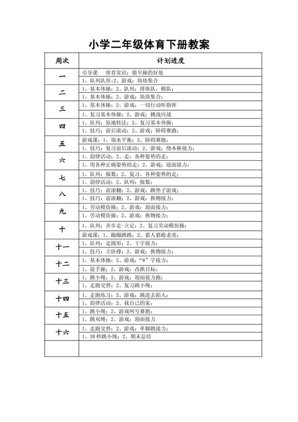 小学二年级体育下册教案(全套)(强烈推荐，一份非常好的参考教案)