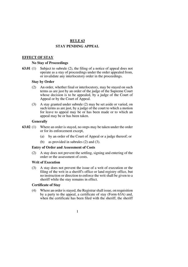 rule 63 stay pending appeal effect of stay 63 规则63停留未决上诉效力留63