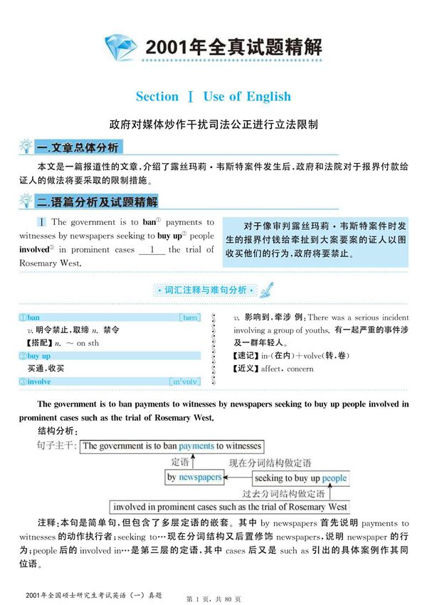 2001年全国硕士研究生考试英语(一)真题解析