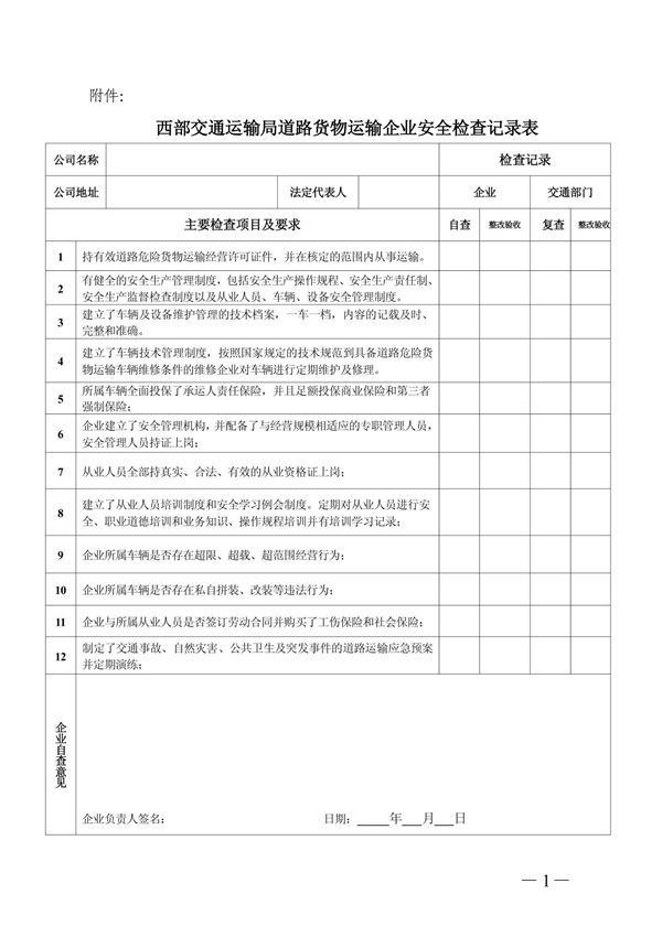 西部交通运输局道路货物运输企业安全检查记录表