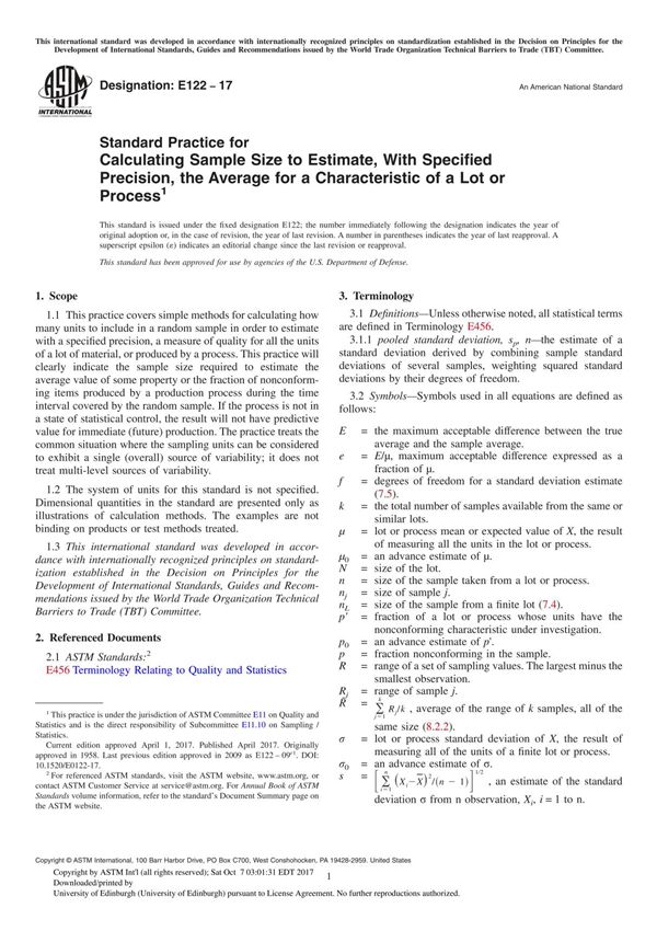 ASTM E122-17 Standard Practice for Calculating Sample Size to Estimate, With Specified Precision, the Average for a Characterist