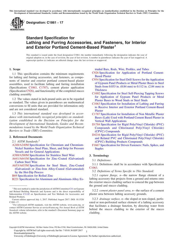 ASTM C1861-17 Standard Specification for Lathing and Furring Accessories, and Fasteners, for Interior and Exterior Portland Ceme